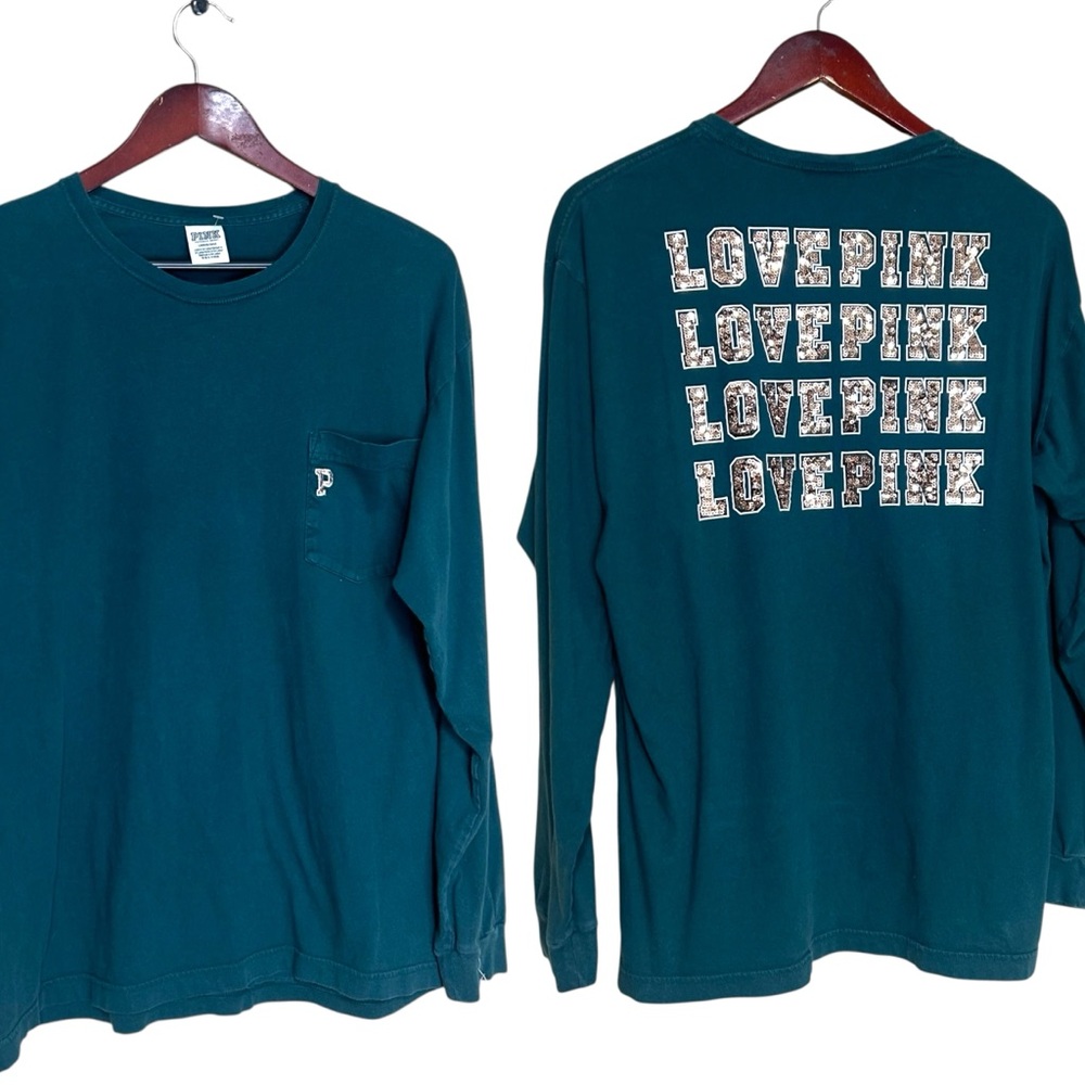 Love Pink Victoria's Secret sequin green shirt slightly faded size large